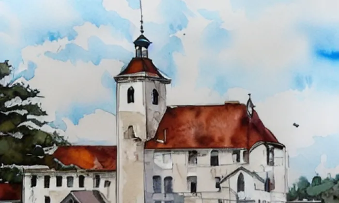 Kostel Zvěstování Panny Marie (Zahájí) – akvarel