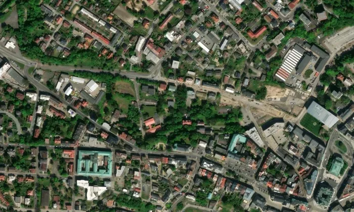Mariánský sloup v Liberci – letecký pohled
