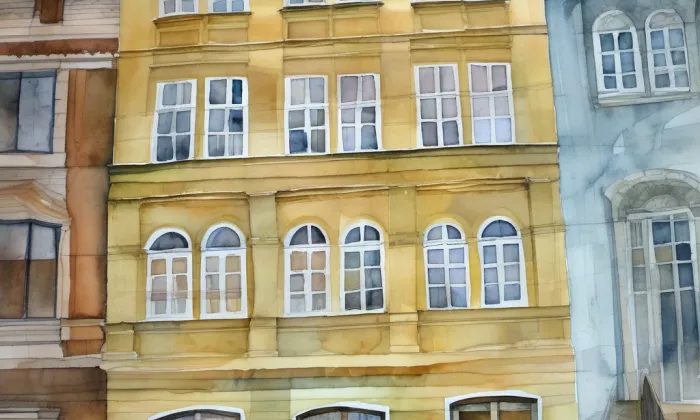 Náměstí Krále Jiřího z Poděbrad 34 – akvarel