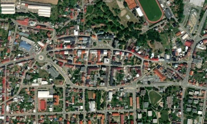 Občanská záložna v Přelouči – letecký pohled