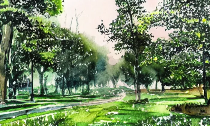 Park Jiřiny Haukové a Jindřicha Chalupeckého – akvarel