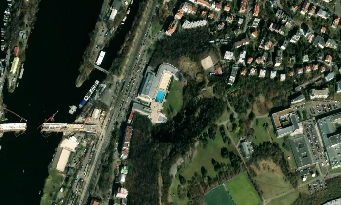 Plavecký stadion Podolí – letecký pohled