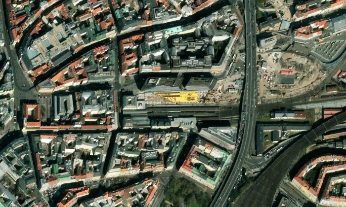 Praha Masarykovo nádraží – letecký pohled