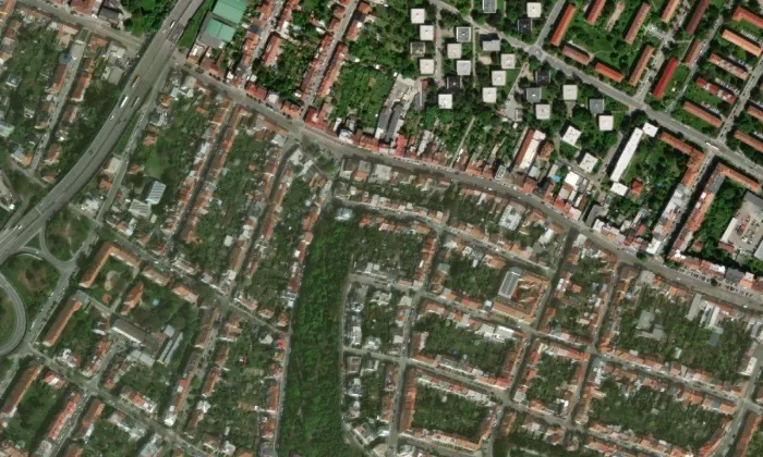 Rodinné domy Eliášova 1–17 – letecký pohled
