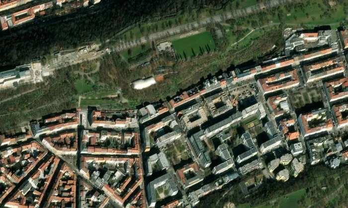 sokolovna na Žižkově – letecký pohled