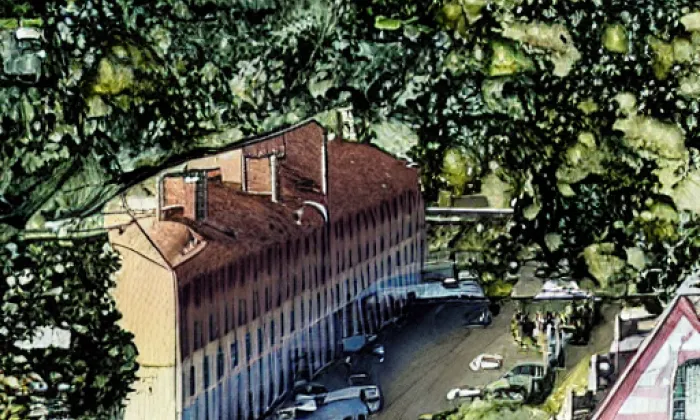 Společenský dům Týnec nad Sázavou - bývalá továrna na kameninu – akvarel