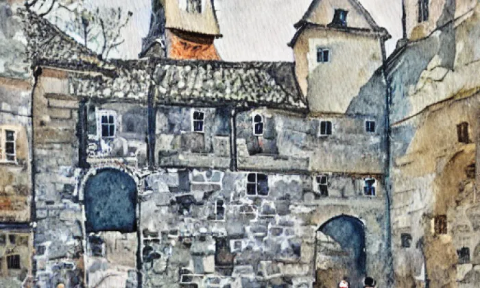 Vodní brána (Kadaň) – akvarel