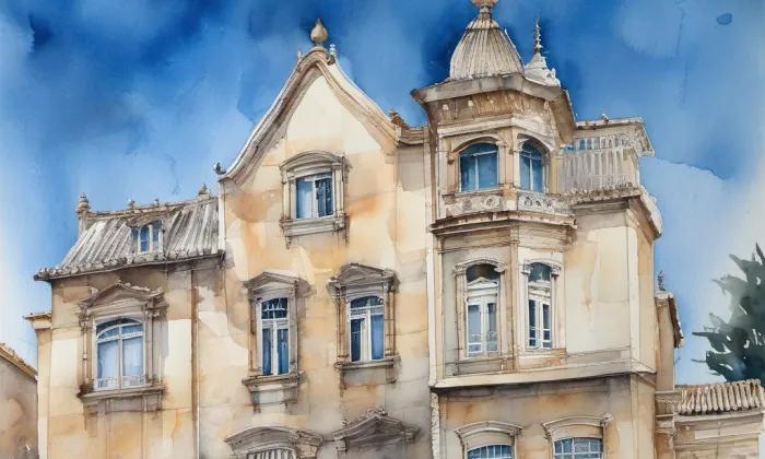 Vila čp. 893 s bránou, schodištěm a ohradní zdí – akvarel