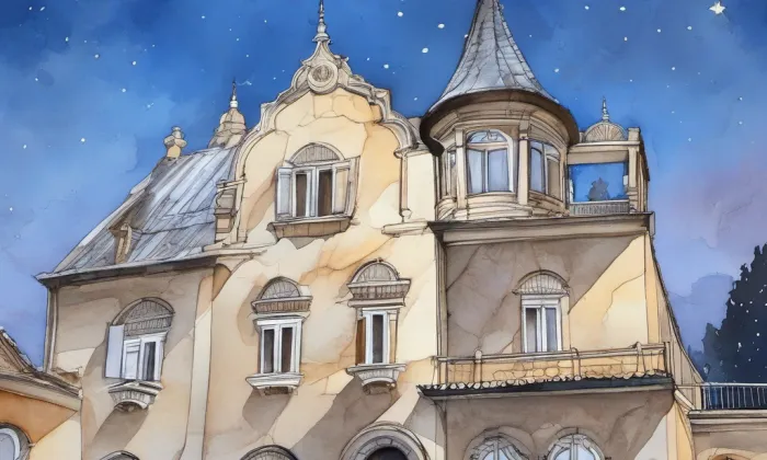 Vila čp. 893 s bránou, schodištěm a ohradní zdí – noc