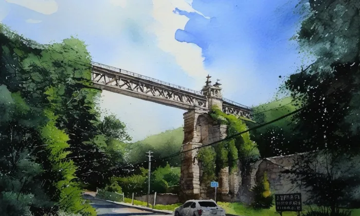 železniční viadukt Hrob-Mlýny – akvarel
