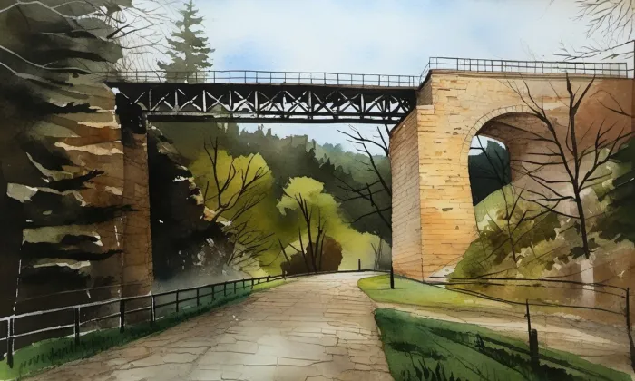 železniční viadukt u Střelic – akvarel