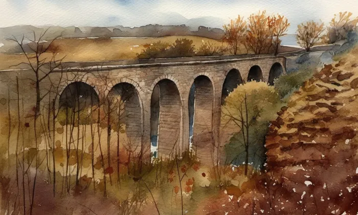 železniční viadukt v Červených Pečkách – akvarel