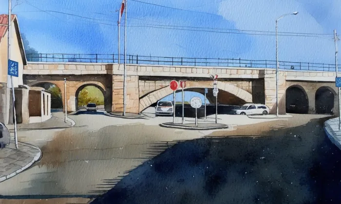 železniční viadukt V Podbabě – akvarel
