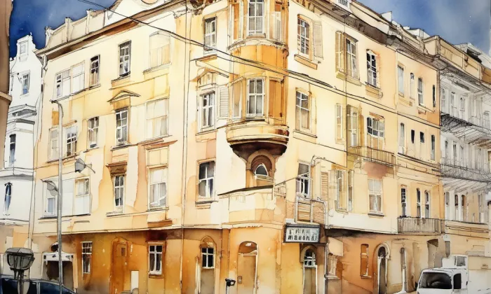 Dům s lékárnou U černého orla – akvarel