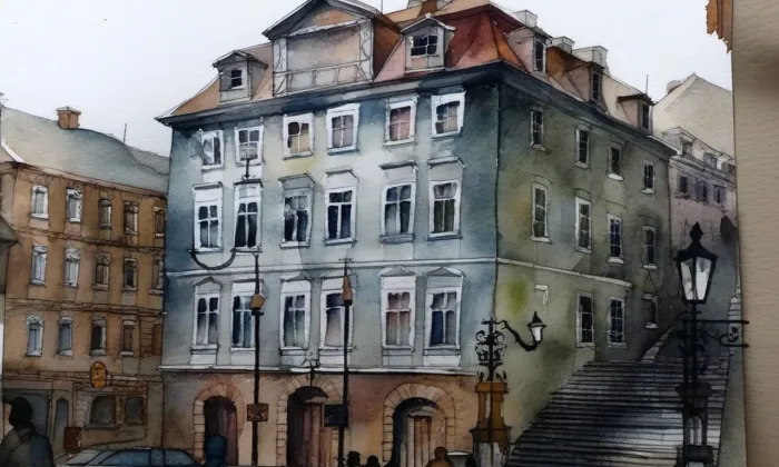 Dům U Zlaté hvězdy (Radnické schody) – akvarel