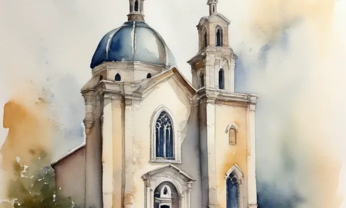 evangelický kostel v Humpolci – akvarel