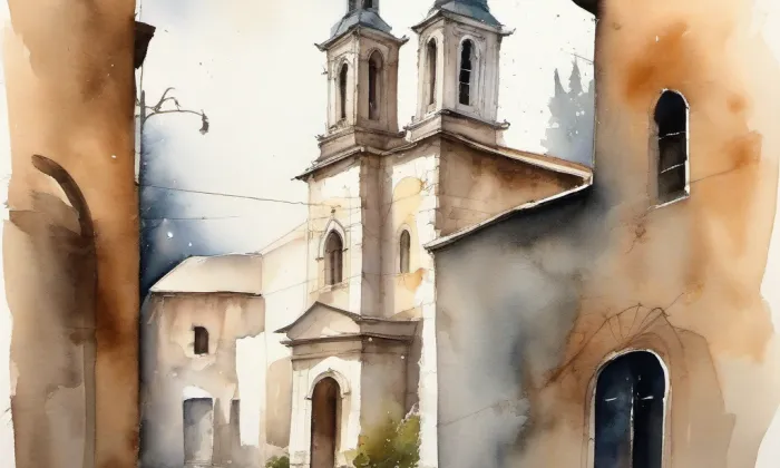 evangelický kostel v Krakovanech – akvarel