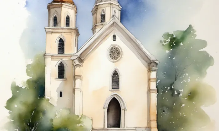 evangelický kostel ve Kšelích – akvarel
