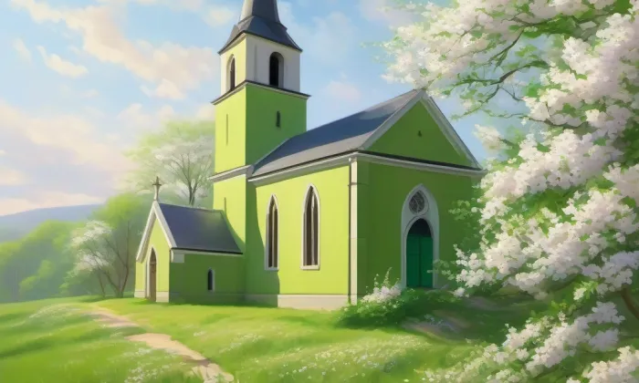 evangelický kostel ve Kšelích – jaro