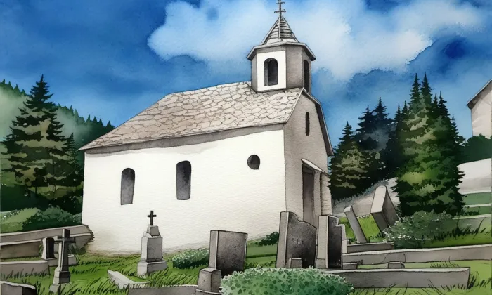 hřbitov v Mikulově v Krušných horách – akvarel