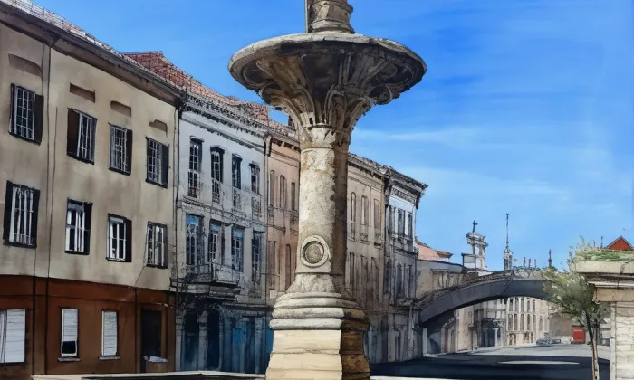 Kašna s plastikou sokolníka – akvarel