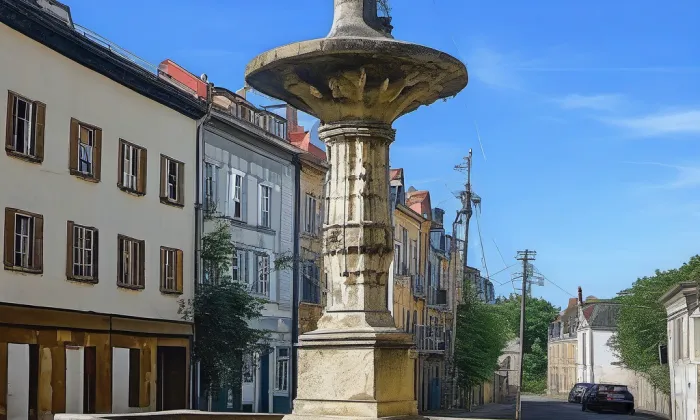 Kašna s plastikou sokolníka – léto