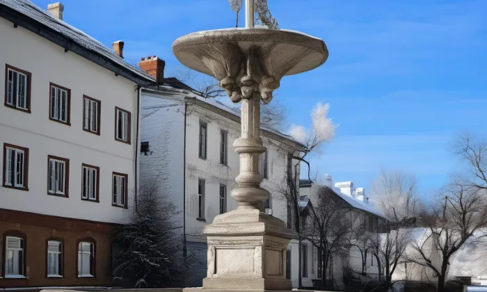 Kašna s plastikou sokolníka – zima