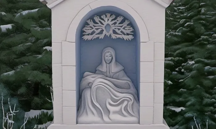 Kaplička se sochou Piety u silnice z Rožan do Šluknova – zima