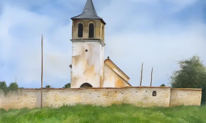 Kostel svatého Martina se zaniklou vsí – akvarel