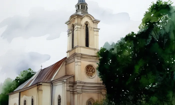 Kostel Zvěstování Panny Marie – akvarel