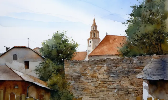 Městské opevnění (Poběžovice) – akvarel