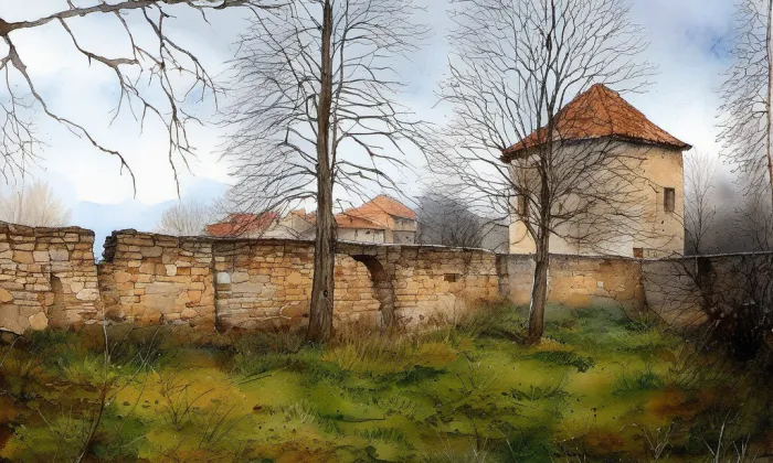 Městské opevnění a Česká brána – akvarel