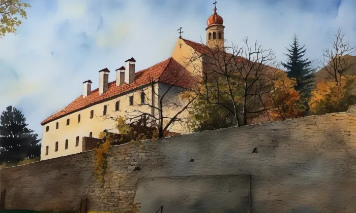 městské opevnění Mělníka – akvarel