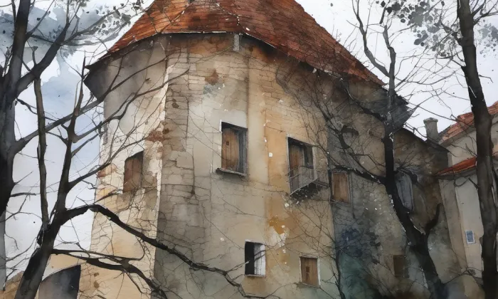 Městské opevnění v Žatci – akvarel