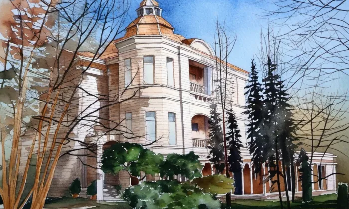 Mečířova vila – akvarel