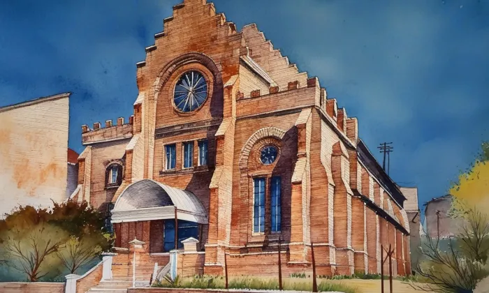 Nová synagoga ve Velkém Meziříčí – akvarel