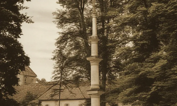 pranýř se sochou svaté Barbory – historická rekonstrukce