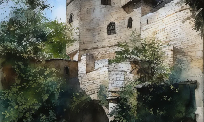 Skalní hrad Svojkov – akvarel