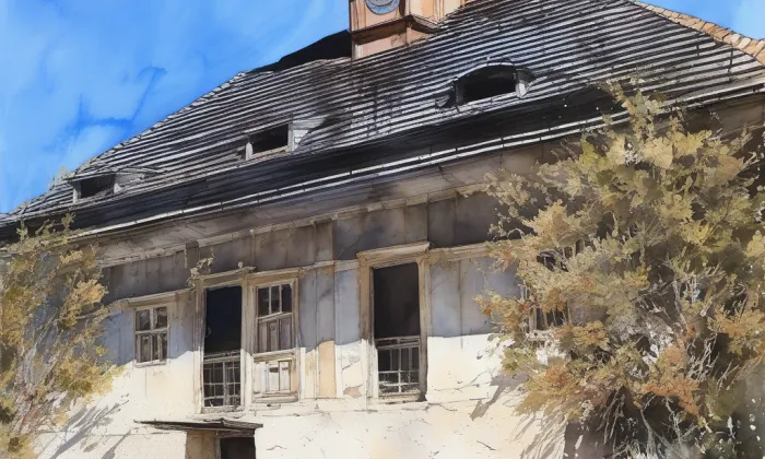 stará škola v Dřevčicích – akvarel