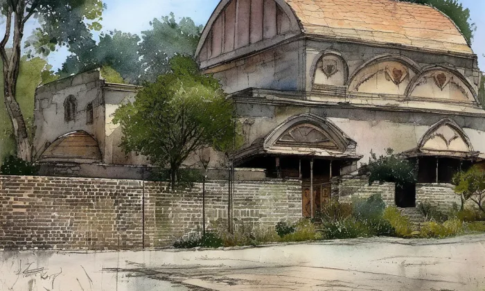 synagoga v Chyši – akvarel