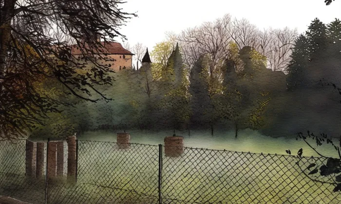 tvrziště Dvorce – akvarel