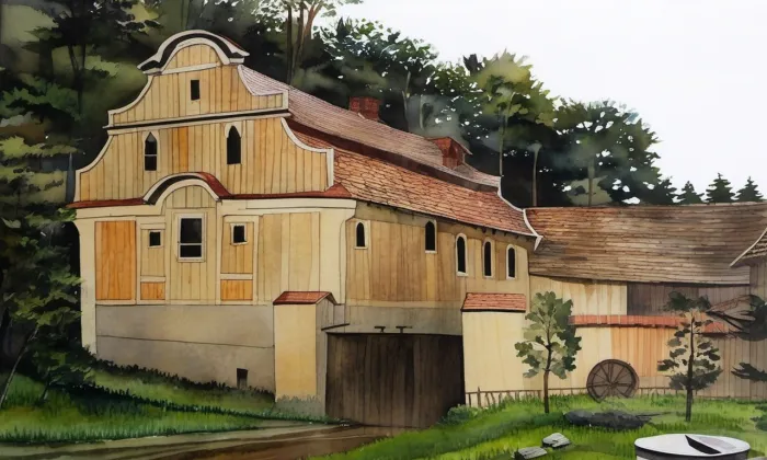 Vodní mlýn (Nový Knín) – akvarel