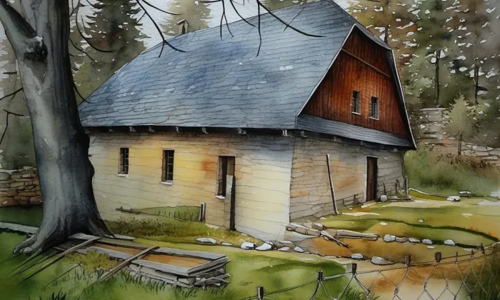 vodní mlýn čp. 11 (Trhová Kamenice) – akvarel