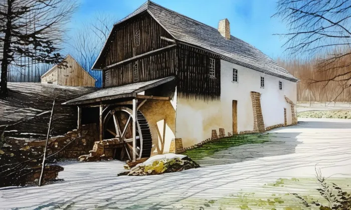 Vodní mlýn (Zahrádka) – akvarel
