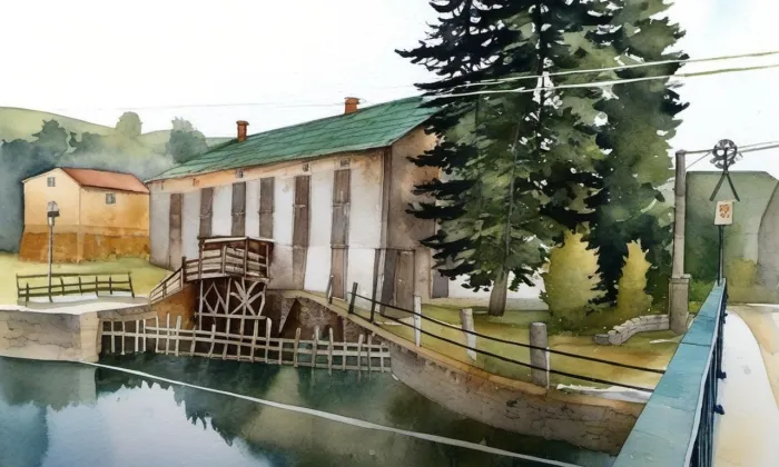 vodní mlýn a mandl – akvarel