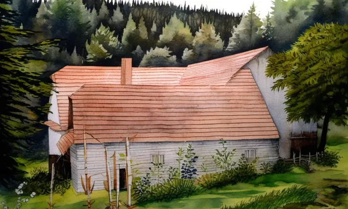 Vodní mlýn s pilou (Trhonice) – akvarel