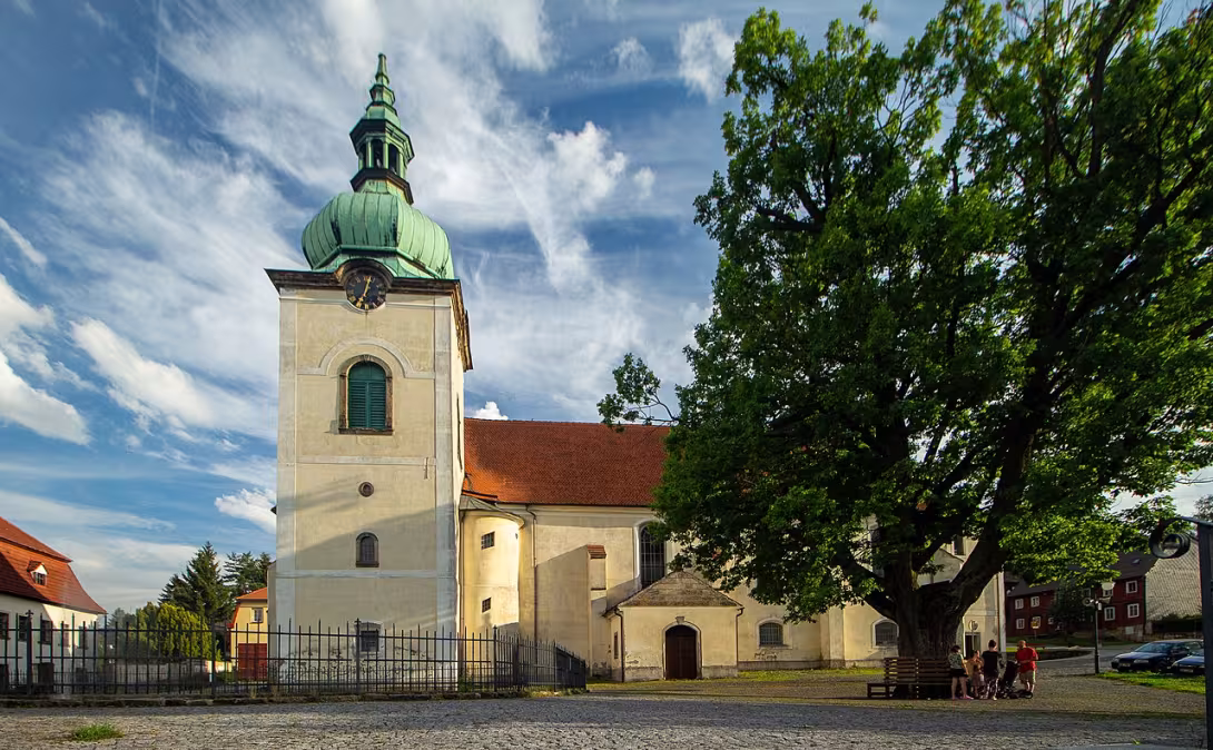Dnešní pohled – Kostel Nejsvětější Trojice v Jiřetíně pod Jedlovou