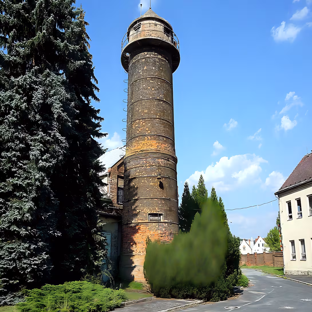 Komín s ochrannou zdí a památníkem obětem 2. světové války